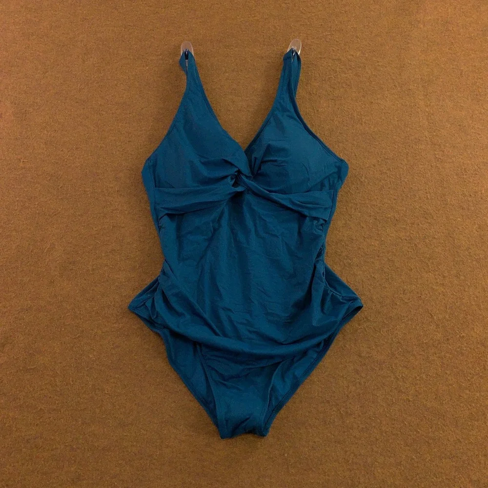 Holipick Womens XXL Teal Blue Twist Front Ruched One Piece Swimsuit NWT